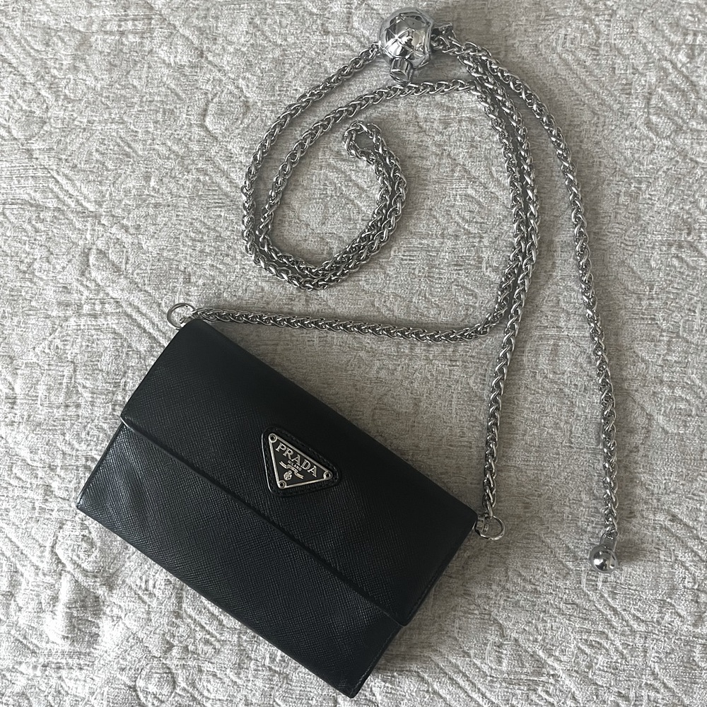 Prada Saffiano vintage leather flap bifold wallet on chain in black leather